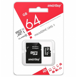 SMART BUY  Карта памяти MicroSD 64GB  Smart Buy Сlass 10 +SD адаптер